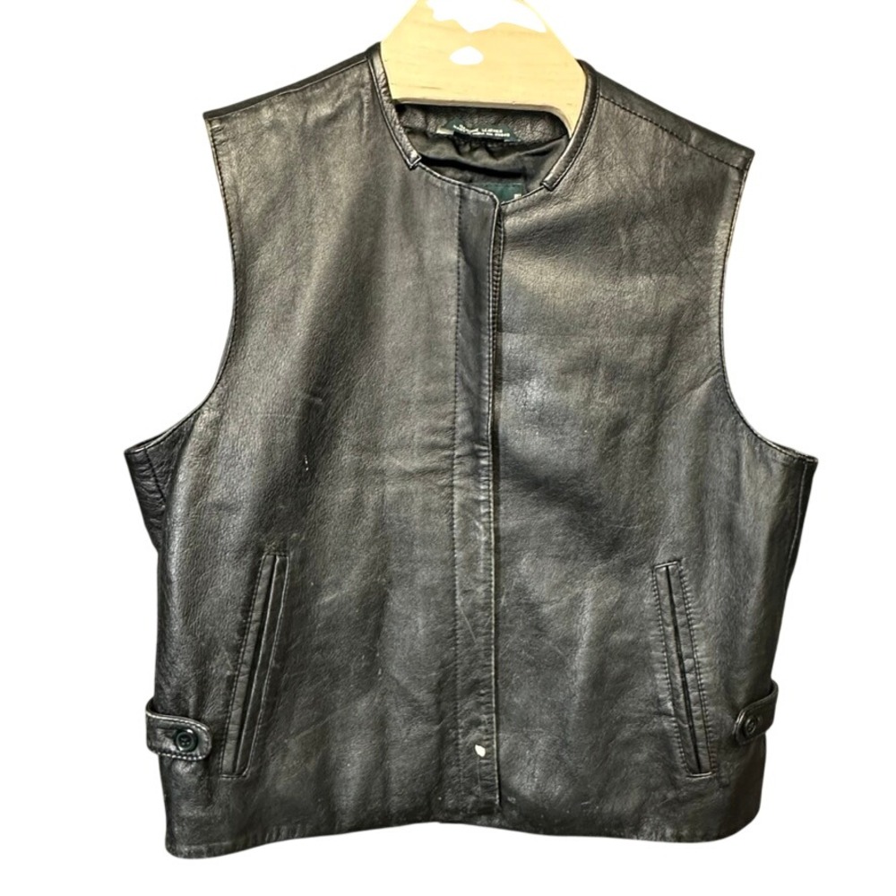 Harve Benard Womens Black Genuine Leather Vest Button Front Size M Vintage